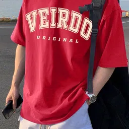 veirdo Oversized Men Printed, Typography Round Neck Pure Cotton Red T-Shirt-picture-18