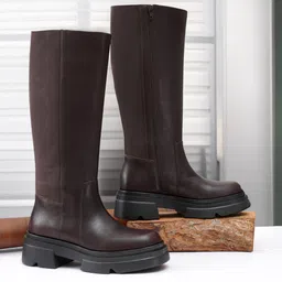 nico nerini Women's Knee-High Brown Leather Boots Chunky Platform and Side Stretch Panel Boots For Women image 2