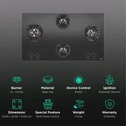Elica CLASSIC FLEXI FB MFC 4B 70 MT Glass Top 4 Burner Automatic Electric Hob (Round Metallic Knob, Black) image 3