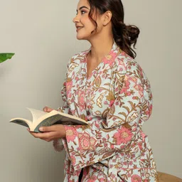 nishire Floral Pista Green Free Size Bath Robe image 3