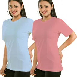 shaun Pack of 2 Women Self Design Round Neck Polyester Multicolor T-Shirt image 3