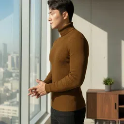 cat bunny Men Solid High Neck Brown Sweater image 3