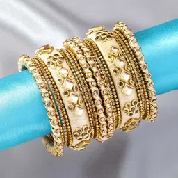 Peora Women Beige Set of 10 Silk Thread & Stone Studded Chuda Bangles image 1