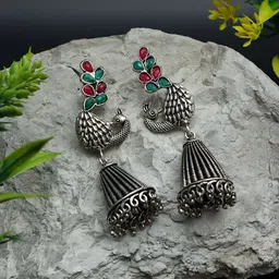 Ozanoo Silver-Plated Peacock Shaped Floral Jhumkas-image-6