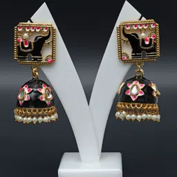 Ozanoo Gold Plated Kundan Studded Meenakari Jhumkas Earrings image 3
