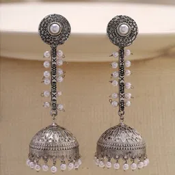 Priyaasi Silver Plated Pearl Beaded Oxidized Contemporary Jhumkas-image-28