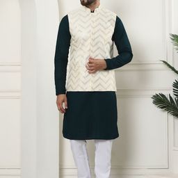 SOJANYA Checked Woven Design Pure Cotton Kurta With Churidar & Embroidered Nehru Jacket-picture-38