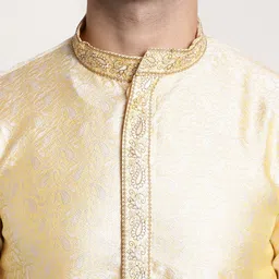 SOJANYA Men Golden & Off-White Self Design Straight Kurta with Churidar image 5