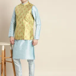 SOJANYA Men Blue Ethnic Motifs Kurta with Churidar image 3