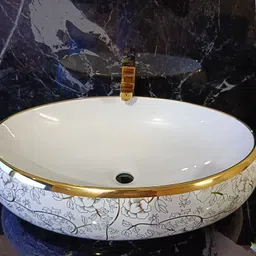 lofina Premium Designer Table Top Counter Top Golden Wash Basin Gold Ceramic Wash Basin L-2201(L61 X W43 X H14Cm) Very Stylish Bathroom Golden Ceramic Wash Basin Table Top Basin image 5