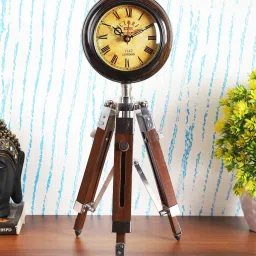 exim decor Tripod Stand Brown Wooden Analog Table Clock image 1