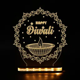starlaser Diwali Acrylic Night lamp for Home Decoration Warm White Light with 12V 1 amp Adapter (Wooden Base ) Table Lamp image 1
