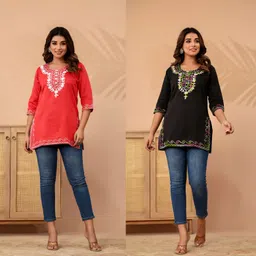 plenilune Pack of 2 Party Regular Sleeves Embroidered, Solid Women Red, Black Top image 5