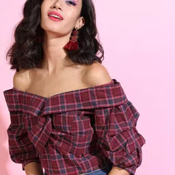 tokyo talkies Casual Regular Sleeves Checkered Women Maroon Top image 5
