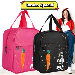 sparly Tiffin Lunch Bag Carrot Design Pack Of 2 Pink & Black Waterproof Lunch Bag-picture-21