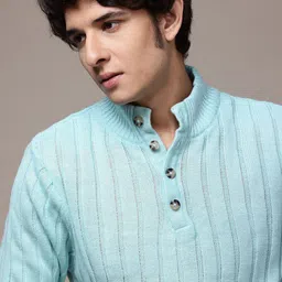 roadster Men Self Design Off Shoulder Blue Sweater-picture-11