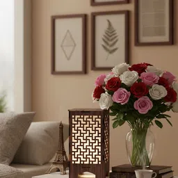 real wood art Fret Block Series Medium Wooden Table Lamp For Home Decor -11 cmX11 cmX 20 cm Table Lamp image 3