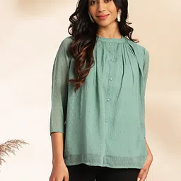 janasya Casual Regular Sleeves Self Design Women Green Top-picture-23