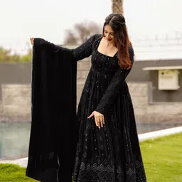 houseofcommon Embroidered Georgette Stitched Flared/A-line Gown-picture-24