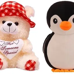 mhk BLACK PENGUIN & BUTTER RED CAP Soft Stuffed Toy - 18 cm image 1