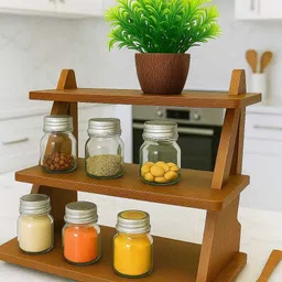 hafsa handicrafts Fruits/Vegetables Kitchen Rack 3-Tier Foldable Spice Rack | Full Walnut Wooden Kitchen Organizer Wood image 4