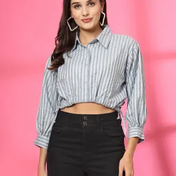 Casual Regular Sleeves Striped Women Blue Top-image-28