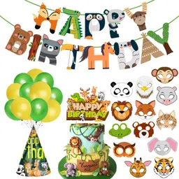 zyozi Jungle Safari Birthday Decoration- Banner, Balloons, Cap And Masks (Pack of 41)-picture-33