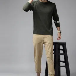 roadster Men Solid Round Neck Green Sweater image 4