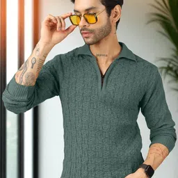 plus91 Men Self Design Collared Neck Green Sweater image 1