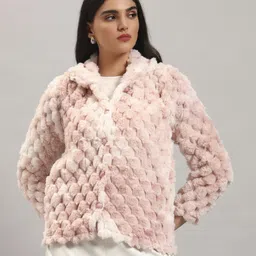 quin fletcher Women Self Design Collared Neck Pink Sweater-picture-17