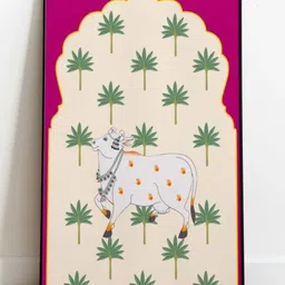 INDIAN CLASSIC ART Pink & Cream Indian Cow Pichwai Printed Framed Wall Art-picture-23