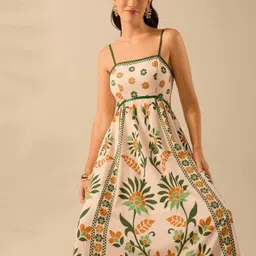 seek by sheetal Women Fit and Flare Green, Beige Maxi/Full Length Dress image 2