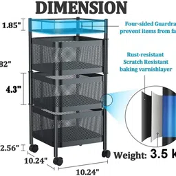 reveka 3 layer Kitchen Trolley Storage Rack Square Design Fruits & Vegetable Basket Iron Kitchen Trolley image 3