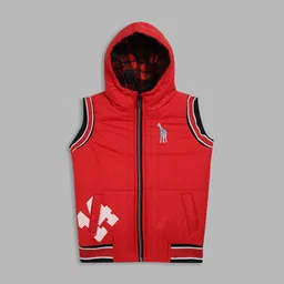 Blue Giraffe Boys Red Colourblocked Half Sleeve Hooded Puffer Jacket-picture-58