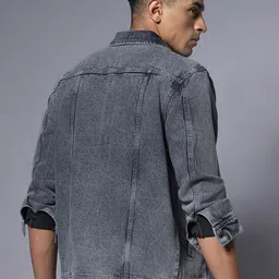 High Star Spread Collar Washed Cotton Denim Jacket image 4