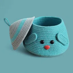 ambaenterprises Cotton Aqua Colour Puppy Cotton Rope Basket with Lid – Cute Kids Storage Organizer Storage Basket image 1