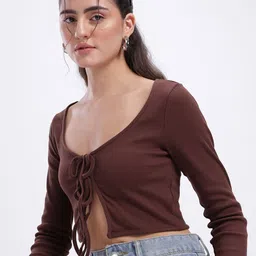 glitchez Casual Regular Sleeves Solid Women Brown Top image 1