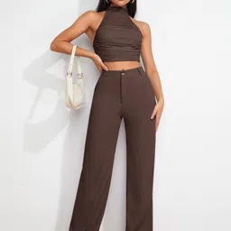 tessora Women Regular Fit Brown Cotton Blend Trousers image 3