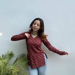 bl textile Party Regular Sleeves Printed Women Maroon Top image 5