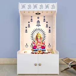 homscape Divine Wooden White Home Temple With Spacious Shelf Inbuilt Focus Light image 1