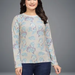 vghc fashion Women Printed Round Neck Polyester Beige T-Shirt-picture-26