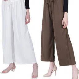 nelwin ji Pack of 2 Women Flared White, Brown Polycotton Trousers image 1