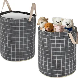 Cotton Pack of 2 Checks Cotton 45L Foldable Toys Organizer for Kids Room | Dark Grey Storage Basket-image-10