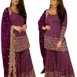 ladypotion Semi Stitched Georgette Kurta & Sharara Fabric Embroidered image 3