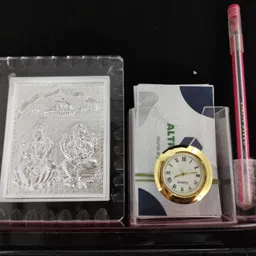 altrona Pure Silver Ganesh Laxmi Frame Desk Organizer with Clock & Pen Holder for desk Decorative Showpiece - 13 cm image 4