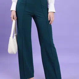 tokyo talkies Women Flared Blue Cotton Blend Trousers-picture-23