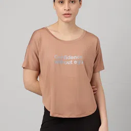 mkh Women Typography Crew Neck Polyester Brown T-Shirt image 1