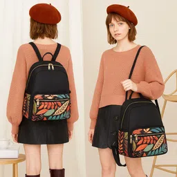 speginic Small 15 L Backpack Trendy Black Backpack with Multicolor Leaf Print | Stylish & Spacious Travel Bag image 5