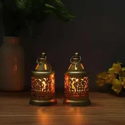 akhandicraft Candle Holder for Diwali Decor Lamps for Home Decor, Diya Light (Pack of 2) Gold Metal Hanging Lantern image 3