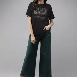 roadster Women Printed Round Neck Cotton Blend Black T-Shirt image 2